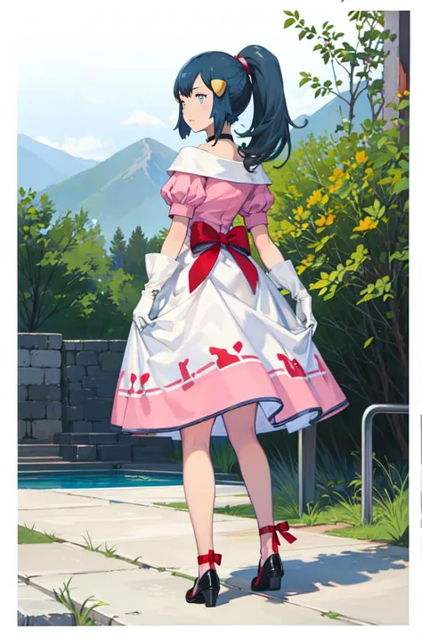 <lora:PKMN_Dawn_Pink_Contest_Dress_v1:1> pkmndawn, 1girl, solo, blue eyes, blue hair, ponytail, sidelocks, bangs, hair ornament, hairclip, pink dress, short sleeves, puffy sleeves, sidelocks, choker, red bow, white gloves, <lora:Yoshida_Akihiko_style_v01:0.8> full body,, absurdres, ultra detailed, masterpiece, best quality, aesthetic, detailed,