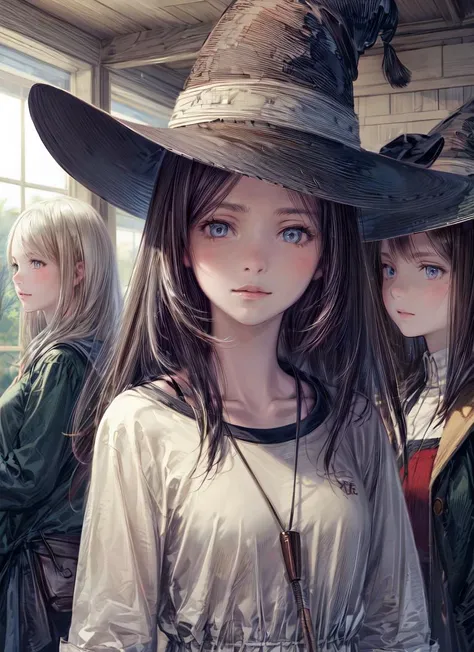 ((best quality)), ((highly detailed)), masterpiece, absurdres, detailed face, beautiful face, (detailed eyes, deep eyes), <lora:more_details:.5>, (1girl), cowboy shot, <lora:hairdetailer:1>, witch, witch hat, broom, (indoors, in a gymnasium, (((multiple girls))), (3girls)), <lora:Yoshida_Akihiko_style_v01:1>
