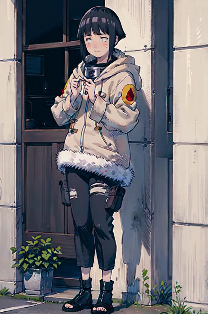 standing, shy, blush, <lora:HinataHyuga:0.8> hyuuga hinata, 1girl, black hair, short hair, white eyes, no pupils, jacket, coat, forehead protector, fur trim, konohagakure symbol, long sleeves, pant, sandals, <lora:Yoshida_Akihiko_style_v01:1>, absurdres, ultra detailed, masterpiece, best quality, aesthetic, detailed,