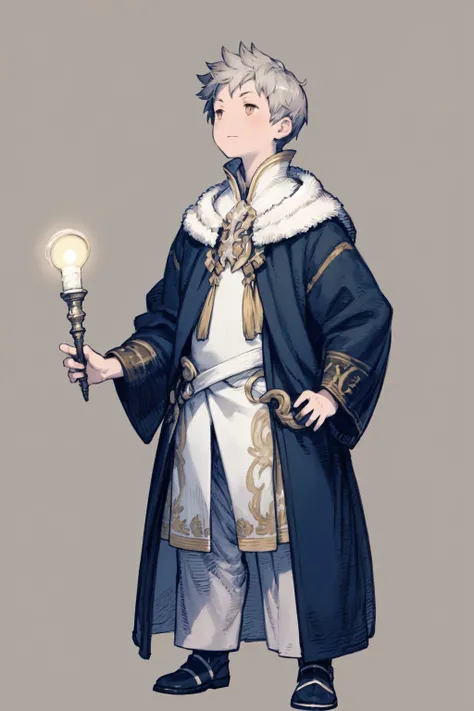 full body, solo, 1boy, male, looking up, light brown hair, blunt cut, cream eyes, silver clothes, frontlighting, simple background <lora:Yoshida_Akihiko_style_v01:1>