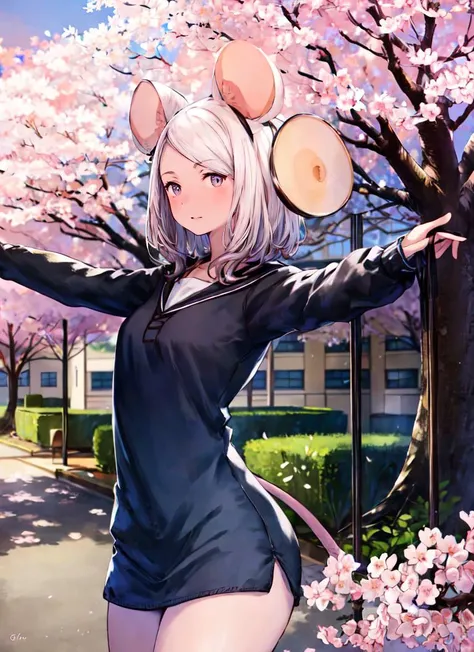 ((best quality)), ((highly detailed)), masterpiece, absurdres, extremely detailed face, beautiful face, (detailed eyes, deep eyes), <lora:more_details:.3>, (1girl), dynamic pose, cowboy shot, <lora:aiomonstergirls_loraLocon:.8>, (mouse girl), mouse ears, mouse tail, (outdoors, <lora:school_outdoors_v0.2:1>, at a school, building, trees, cherry blossoms, sunset), <lora:Yoshida_Akihiko_style_v01:1>