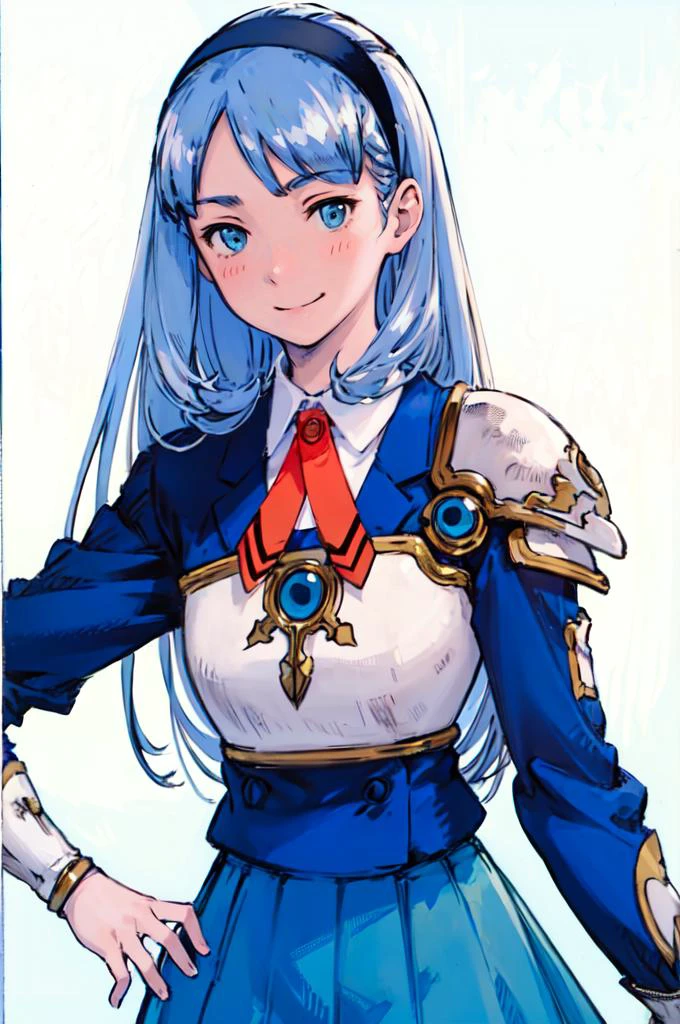 <lora:umi_ryuuzaki_shoulder_armor:1> 1girl, umi ryuuzaki, hairband, armor shoulder armor, blue skirt, smile, <lora:Yoshida_Akihiko_style_v01:1>, absurdres, ultra detailed, masterpiece, best quality, aesthetic, detailed,