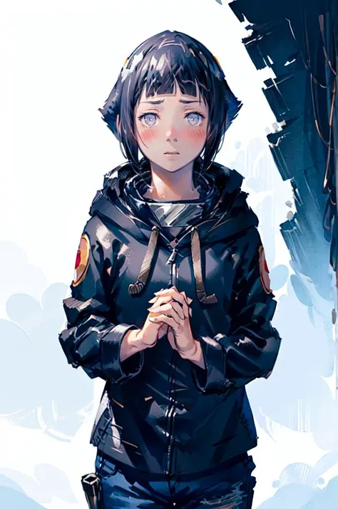 solo, shy, blush, looking down, pov, facing viewer, <lora:hinata_hyuuga:0.75> hinata_hyuuga, white eyes, no pupils, short hair, blue hair, blunt bangs, sidelocks, hoodie, forehead protector, jacket, blue pants, <lora:Yoshida_Akihiko_style_v01:1> interlocked fingers,, absurdres, ultra detailed, masterpiece, best quality, aesthetic, detailed,