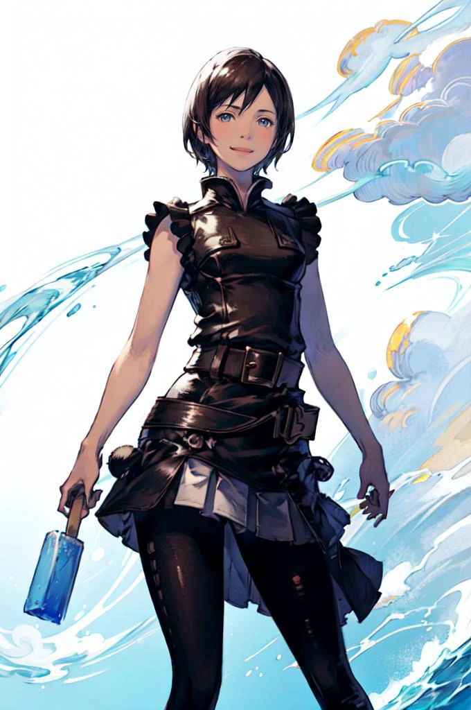 straight-on, solo, smile, holding popsicle, <lora:xion_(kingdom_hearts)_1:0.7> aaxion, short hair, black shirt, sleeveless shirt, buttons, black belt, white skirt, pleated skirt, <lora:Yoshida_Akihiko_style_v01:1>, absurdres, ultra detailed, masterpiece, best quality, aesthetic, detailed,