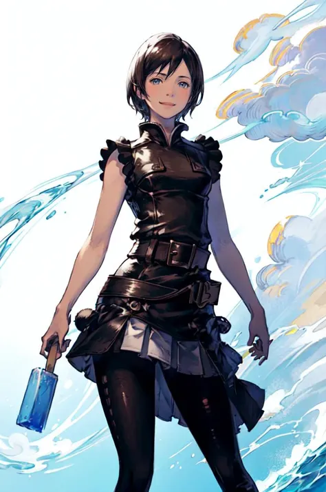 straight-on, solo, smile, holding popsicle,  <lora:xion_(kingdom_hearts)_1:0.7> aaxion, short hair, black shirt, sleeveless shirt, buttons, black belt, white skirt, pleated skirt,  <lora:Yoshida_Akihiko_style_v01:1>, absurdres, ultra detailed, masterpiece, best quality, aesthetic, detailed,