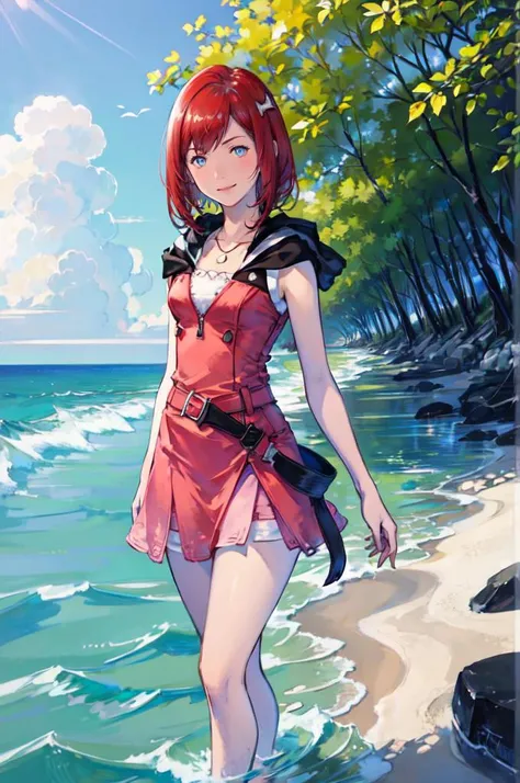 smile, wading, sea, ocean, beach, <lora:kairi_v1:0.7> bbkairi, medium hair, blue eyes, necklace, hood, short dress, pink dress, sleeveless dress, belt, <lora:Yoshida_Akihiko_style_v01:1>, absurdres, ultra detailed, masterpiece, best quality, aesthetic, detailed,