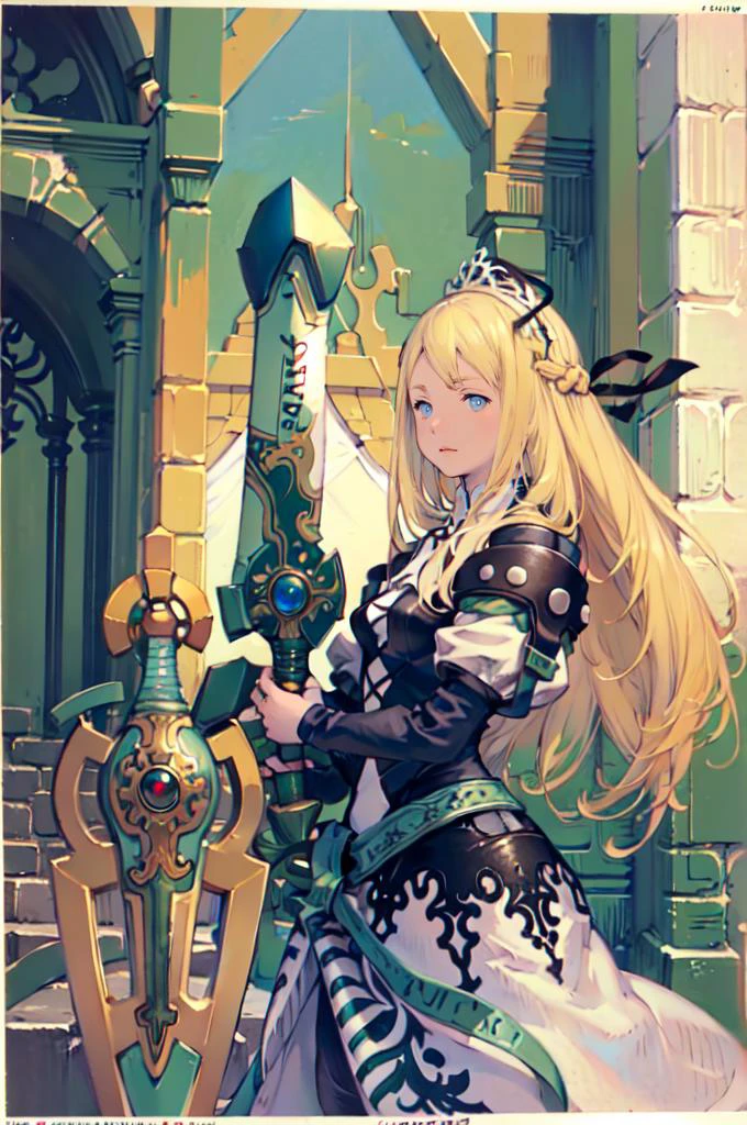 straight-on,(planted sword, hands on hilt:1.4), throne room, standing, <lora:yggdraunion_artwaltz:1> yggdra yuril artwaltz, blue eyes, blonde hair, hair ribbon, dress, armor, <lora:Yoshida_Akihiko_style_v01:1>, absurdres, ultra detailed, masterpiece, best quality, aesthetic, detailed,