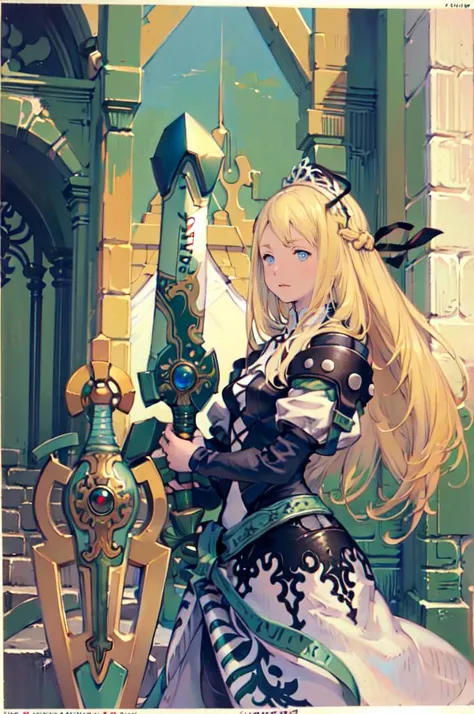 straight-on,(planted sword, hands on hilt:1.4), throne room, standing,  <lora:yggdraunion_artwaltz:1> yggdra yuril artwaltz, blue eyes, blonde hair, hair ribbon, dress, armor,   <lora:Yoshida_Akihiko_style_v01:1>, absurdres, ultra detailed, masterpiece, best quality, aesthetic, detailed,