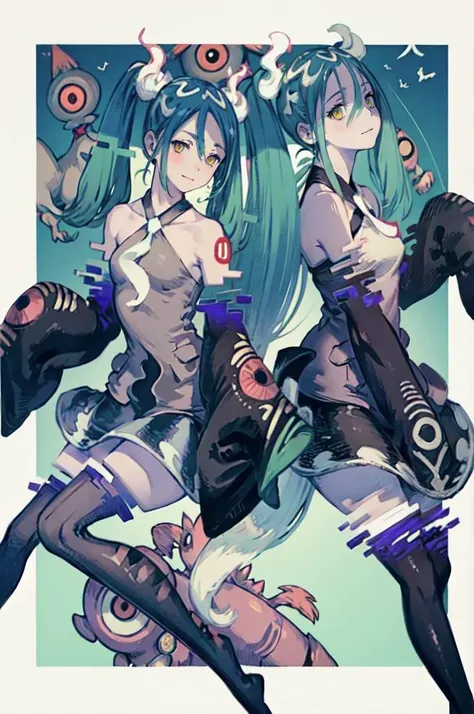 <lora:mikughost:1> gosutomiku, twintails, blue hair, yellow eyes, detached sleeves, sleeves past wrists, bare shoulders, thighhighs, necktie, skirt, glitch, will-o-wisp, creepy smile, <lora:Yoshida_Akihiko_style_v01:1>, absurdres, ultra detailed, masterpiece, best quality, aesthetic, detailed,