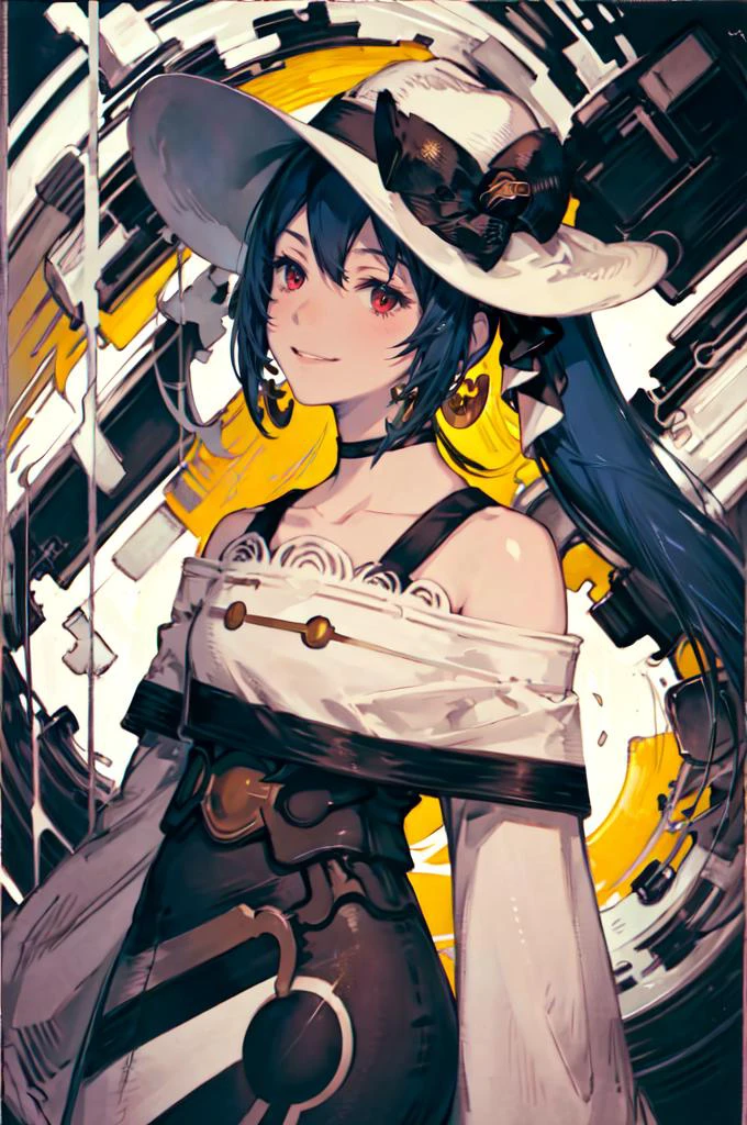 <lora:mikudark:0.85> akumiku, red eyes, twintails, blue hair, very long hair, hat, jewelry, earrings, necktie, gloves, choker, dress, bare shoulders, belt, long sleeves, bar \(place\), art deco, smile, low light, <lora:Yoshida_Akihiko_style_v01:1>, absurdres, ultra detailed, masterpiece, best quality, aesthetic, detailed,