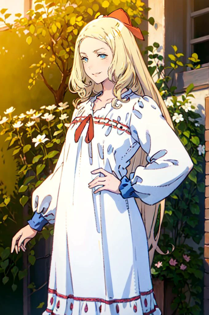 solo, cowboy shot, smile, hands on own hips, <lora:CastlevaniaMaria-v1:0.6> ChopioMaria, blue eyes, blonde hair, very long hair, wavy hair, eyelashes, outfit_2, red hair ribbon, sleepwear, white nightgown, white ribbon, puffy long sleeves, sleeves past wrists, <lora:Yoshida_Akihiko_style_v01:1>, absurdres, ultra detailed, masterpiece, best quality, aesthetic, detailed,