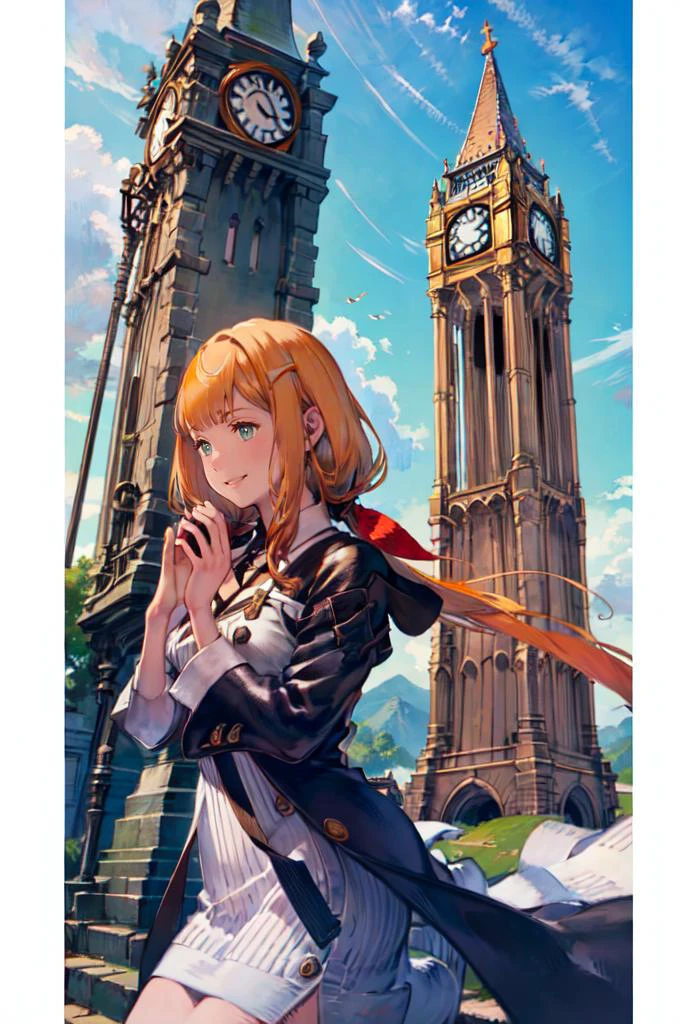 smile, straight-on, hands up, clenched hands, (clock tower:1.3), outdoors, <lora:Strelitzia:0.8> khstrelitzia, low twintails, <lora:Yoshida_Akihiko_style_v01:1>, absurdres, ultra detailed, masterpiece, best quality, aesthetic, detailed,