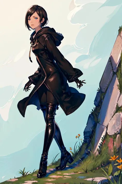 straight-on, solo, <lora:xion_(kingdom_hearts)_1:0.7> aaxion, short hair, hood, black coat, hooded coat, zipper, long sleeves, black pantyhose, black gloves, black knee boots, <lora:Yoshida_Akihiko_style_v01:1>, absurdres, ultra detailed, masterpiece, best quality, aesthetic, detailed,
