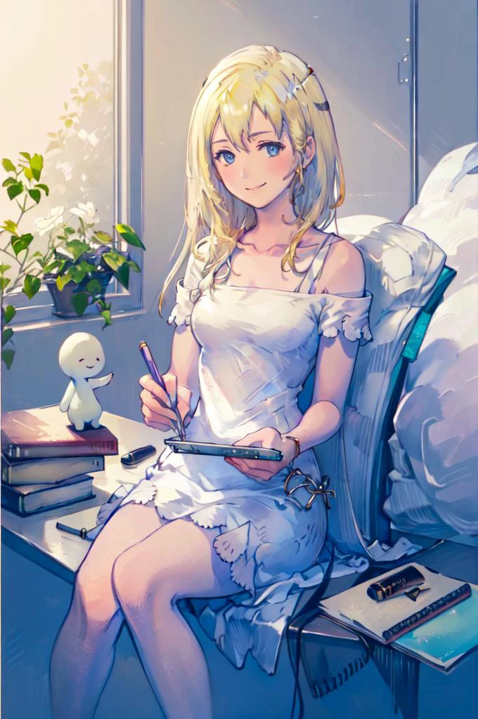 sitting, smile, holding pencil, <lora:namine_v1:0.7> aanamine, blonde hair, bare shoulders, white dress, <lora:Yoshida_Akihiko_style_v01:1>, absurdres, ultra detailed, masterpiece, best quality, aesthetic, detailed,