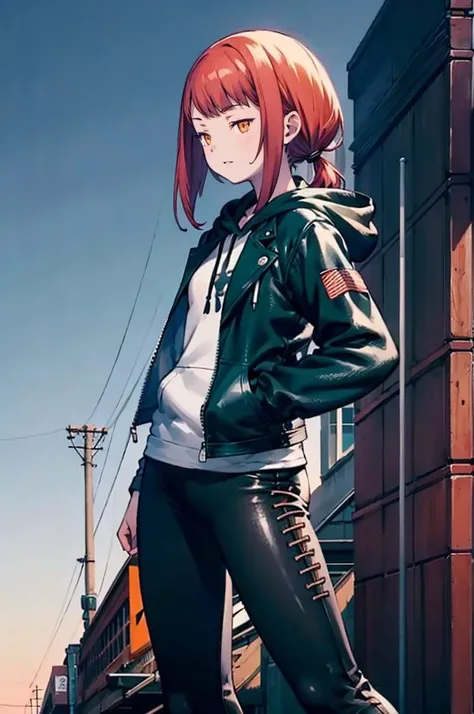 <lora:Yoshida_Akihiko_style_v01:0.8>, ultra detailed, masterpiece, best quality, aesthetic, detailed,, solo, 1girl, red hair, orange eyes, amber eyes, swept bangs, parted bangs, <lora:LowTwintailsHelper:1> low twintails,
short hair, medium hair, small breasts, <lora:Tsurime3:1>, (tsurime:1.2),, leggings, leather jacket, long shirt, combat boots, hoodie,