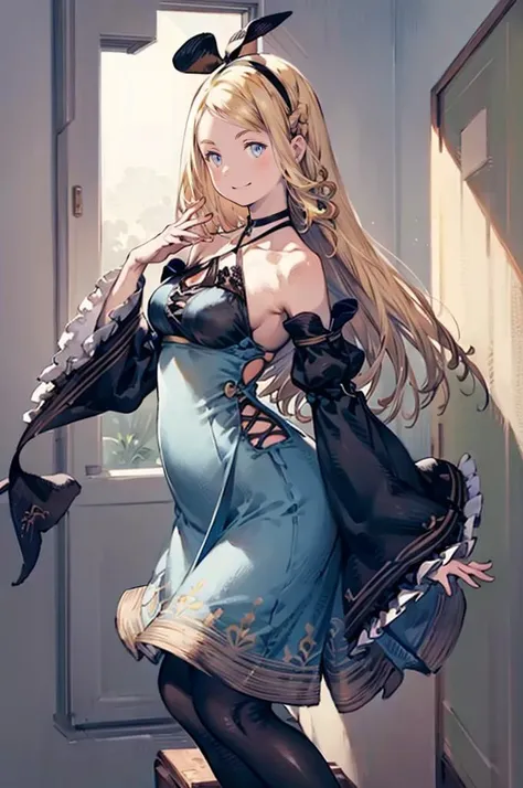 <lora:Yoshida_Akihiko_style_v01:1>, ultra detailed, masterpiece, best quality, aesthetic, detailed,, solo, soft smile, light smile,
katya1, 1girl, blue eyes, very long hair, blonde hair, long blonde hair, french braid, bangs, medium breasts,, hair ribbon, frilled choker, criss-cross halter, sleeveless dress, high-waist skirt, backless dress, waist bow, detached sleeves, frilled sleeves, wide sleeves, pantyhose, patterned legwear, mary janes,