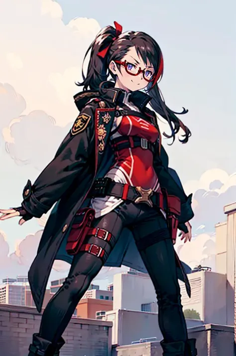 <lora:Yoshida_Akihiko_style_v01:0.85>, ultra detailed, masterpiece, best quality, aesthetic, detailed,, solo, smug smile, 1girl, purple eyes, red-framed eyewear, (black hair, red colored tips:1.2), red streaked hair, very long hair, side ponytail, tied hair, medium breasts,, <lora:StS-Coat-and-Jacket-On-Shoulders-Iteration2:0.7> dataset, jacket on shoulders, coat on shoulders, red dress, sleeves rolled up, fingerless gloves, holster, belt, multiple belts, combat boots, bulletproof vest, pants, black coat, tactical clothes,