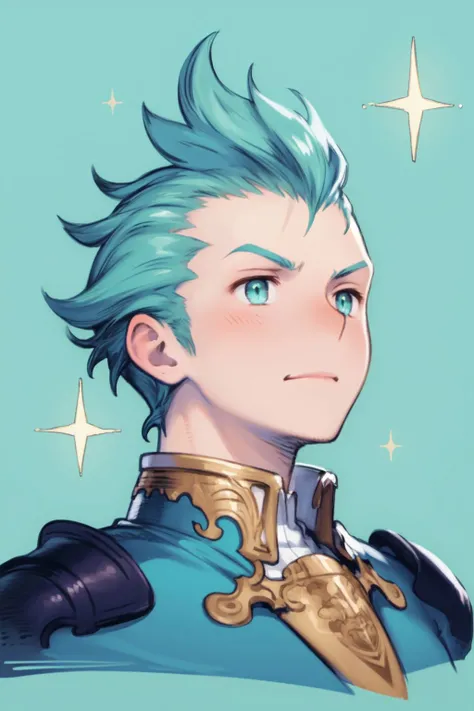 portrait, solo, 1boy, male, looking up, aqua hair, shaved head, aqua eyes, blue clothes, glitter particles, simple background <lora:Yoshida_Akihiko_style_v01:1>