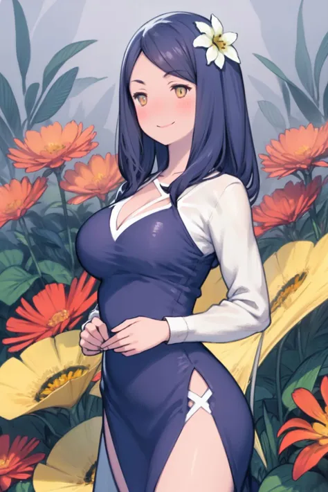 cowboy shot, solo, 1girl, looking down, smile, blush, large breasts, dark blue hair, swept bangs, golden eyes, light purple clothes, foggy atmosphere, Wild_Plantain \(flower\), floral background <lora:Yoshida_Akihiko_style_v01:1>