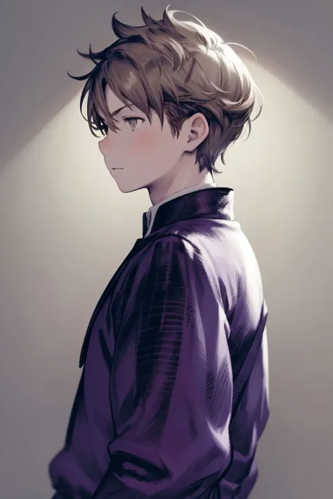 portrait, solo, 1boy, looking to the side, light brown hair, undercut, grey eyes, purple clothes, backlighting, simple background <lora:Yoshida_Akihiko_style_v01:1>