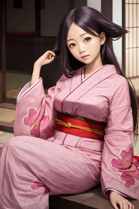 masterpiece, best quality, highres, 1girl oharu, 1girl oharu, pink kimono <lora:oharu:1> sitting, arm support
