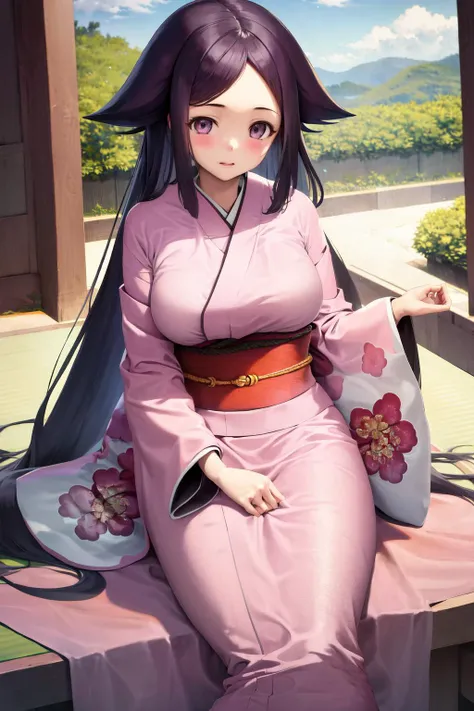 masterpiece, best quality, highres, 1girl oharu, 1girl oharu, pink kimono <lora:oharu:1> sitting, wariza, arm support