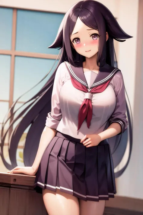 one person、Long Hair、Black Hair、With bangs、6 girl、small、Primary ce、Innocent face、Big eyet、black eye、cute、Spread your legs、Very small breasts、Height: small、Are standing 、School、