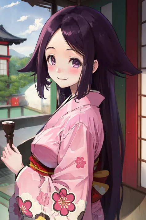 masterpiece, best quality, highres, 1girl oharu, 1girl oharu, pink kimono <lora:oharu:1> from side, looking at viewer, smile