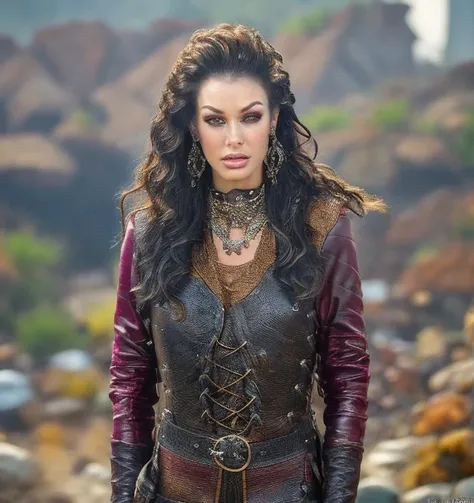 (masterpiece:1.2), (best quality,:1.2), 8k, HDR, ultra detailed, ((photorealistic)), professional light, cinematic lighting, fashion photography, ambient lighting, face lighting, Angelina, <lora:Angelina-10:1>, dynamic pose, earrings, choker, messy and long hair, dark makeup, ((upper body shot)), OverallDetail, fhanddetail, ffacedetail, middle-aged, as female survivor, wearing intricate leather and metal armor under a long black leather coat, <lora:detail_slider_v4:4>, looking at viewer,  <lora:PostApocalypticV1:0.4>, 99post96apocalyptic44, in a hot desert, FanLan, FanAm, <lora:Armor-10:0.7>, <lora:FantasyLandscape-10:0.65>