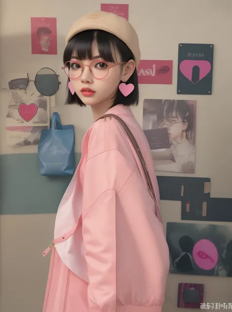 1girl,Asia,solo,jewelry,earrings,glasses,black hair,hat,bangs,short hair,looking at viewer,bag,long sleeves,heart,round eyewear,blunt bangs,from side,upper body,coat,pink jacket,