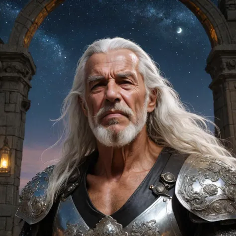 <lora:dare_blissful_desperation:1> glittering night sky, Blissful meadow, Great desperation, old man, muscular, 70 year old, crazy happy, angry unstable, intense look, long white hair, medieval Cronenberg, dungeon, fitness, studded leather armor, 8k ultra detailed, alphonse mucha, Donatio Giancola