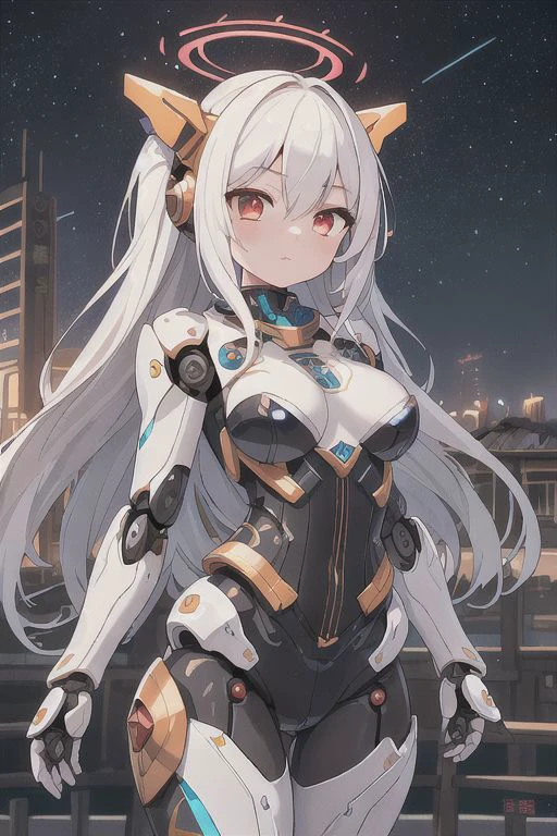 masterpiece,best quality,ultra-detailed,very detailed illustrations,extremely detailed,intricate details,highres,super complex details,extremely detailed 8k cg wallpaper,cowboy shot, caustics,reflection,ray tracing,demontheme,nebula,dark aura,cyber effect, (1girl:1.4),solo,alone,mecha musume,mechanical parts, robot joints,single mechanical arm, headgear, mechanical halo,star halo,intricate mechanical bodysuit, mecha corset, full armor, very long hair,white hair, hair between eyes, multicolored hair, colored inner hair, red eyes,glowing eye,eye trail, random expressions,random action, ancient japanese architecture,pond, starry sky,skyline, 
 <lora:AMechaSSS[color_theme,mecha musume, mechanical parts,robot joints,headgear]:0.8>, warm colors