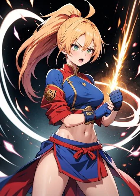 [[[[anime]]]] (game cg), highres, official art,
fierce [martial artist] woman, high ponytail, medium breasts, toned body, (surreal powerful ki effects)