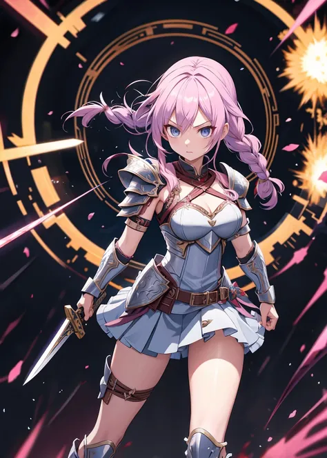 [[[[anime]]]] (game cg), highres, official art, combat pose,
fierce woman, braided hair, medium breasts, intricate engraved (armor), [[skirt]], bladed weapon, (surreal magical ki effects)