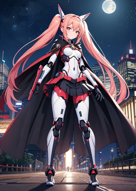 [[[[anime]]]] (game cg), highres, official art,
pretty woman, twintails, small breasts, wide hips, mechanical [[robotic]] body and limbs, cape, skirt, in [[[[[surreal] (beautiful (futuristic) city scenery)]]]], ((night)),