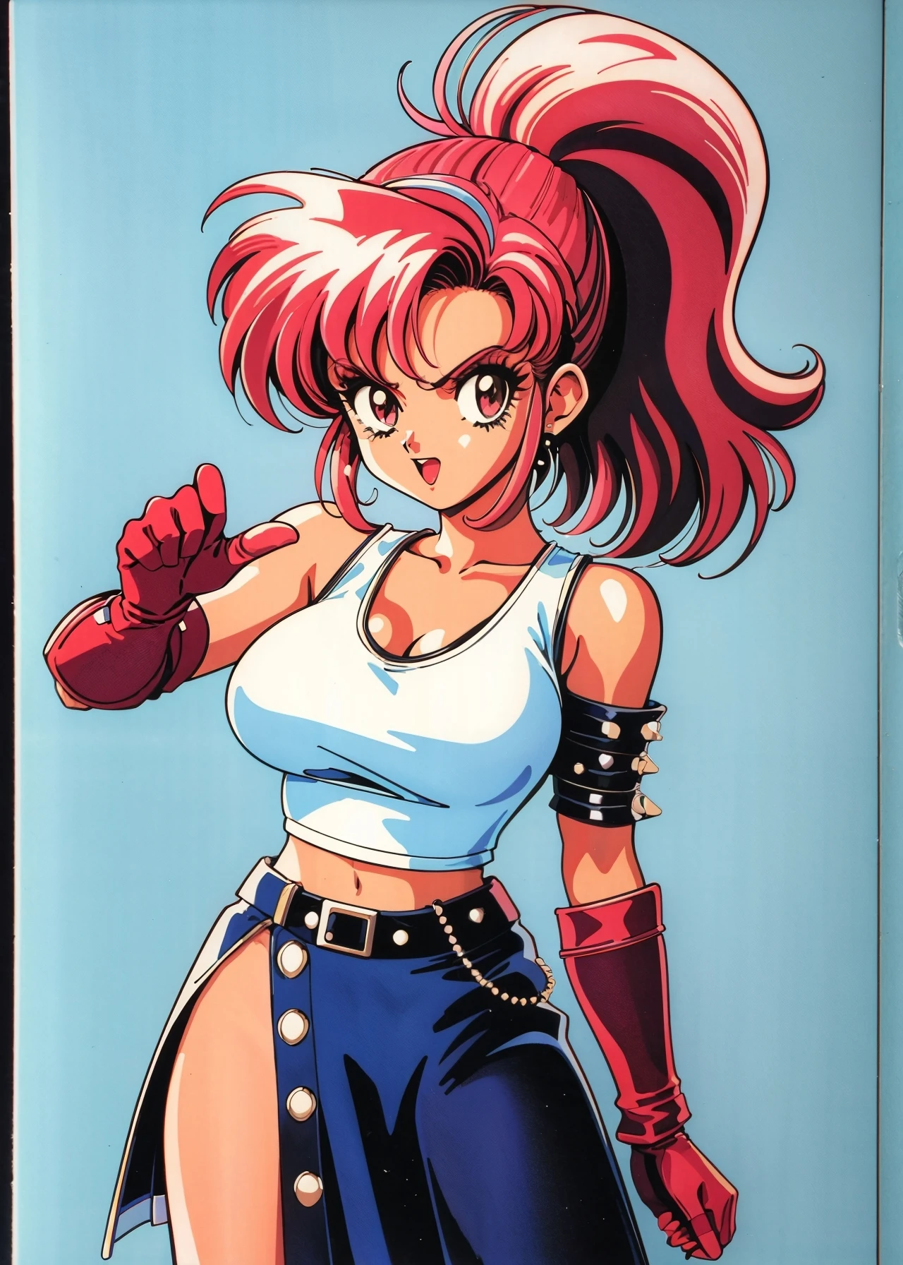 ((retro 1980s)) [[[[anime]]]] (game cg), highres, official art,
fierce woman, ponytail with sideswept bangs, medium breasts, thin white tanktop, skirt, intricate studded gloves