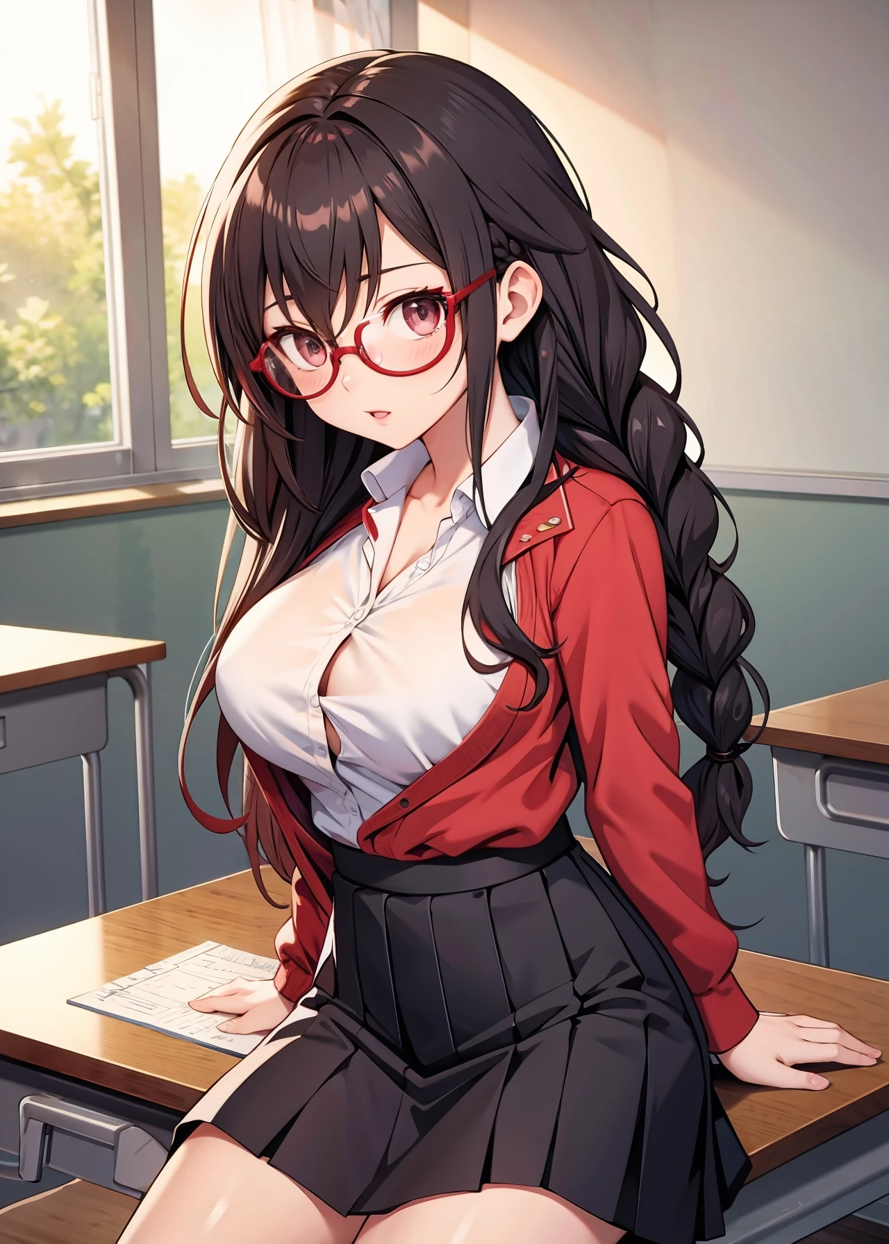 [[[[anime]]]] (game cg), highres, official art,
seductive [teacher] woman, braided hair, glasses, large breasts, simple blouse, skirt, modern cluttered classroom