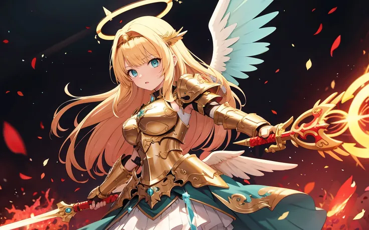 [[[[anime]]]] (game cg), highres, official art,
divine angelic woman, long blonde hair with blunt bangs, aqua eyes, medium breasts, (wings, halo), full (ornate armor) and circlet, [skirt] flaming weapon, fighting (against horde of demons)