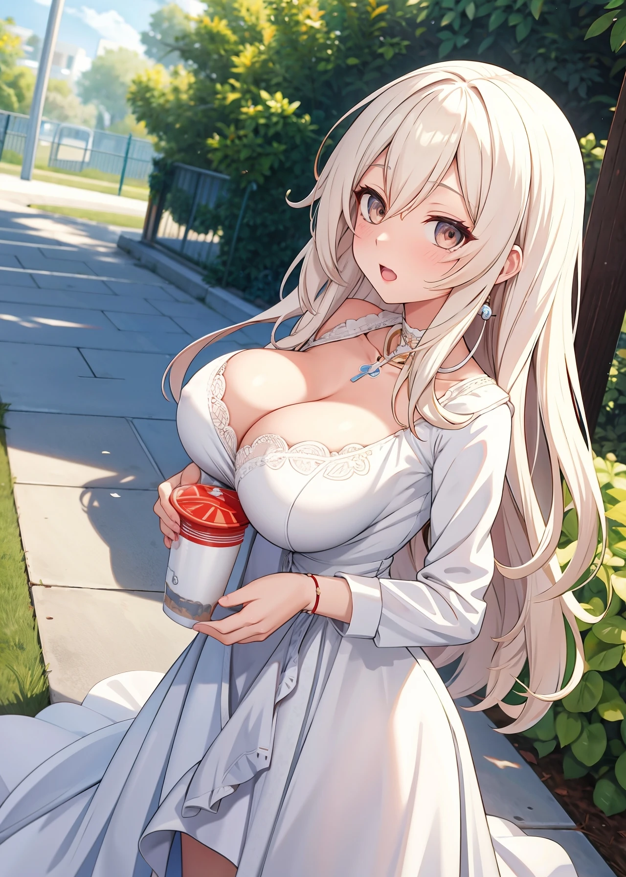 [[[[anime]]]] (game cg), highres, official art,
gentle [motherly] woman, assymmetrical hair, large breasts, (thin) white summer dress, [[covered nipples]], [cleavage], coffee cup, in (hot modern park)