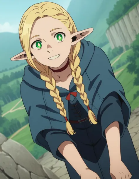 score_9, score_8_up, score_7_up, source_anime,
marcilledonato, <lora:marcille-donato-s1-ponyxl-lora-nochekaiser:1>,
marcille donato, long hair, blonde hair, green eyes, braid, pointy ears, twin braids, elf, bright pupils, parted bangs,
choker, robe, red choker,
outdoors, landscape, bent over, smile,
looking at viewer, solo, cowboy shot, dutch angle,