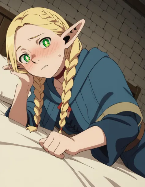 score_9, score_8_up, score_7_up, source_anime,
marcilledonato, <lora:marcille-donato-s1-ponyxl-lora-nochekaiser:1>,
marcille donato, long hair, blonde hair, green eyes, braid, pointy ears, twin braids, elf, bright pupils, parted bangs,
choker, robe, red choker,
indoors, bed, bed room, on side, blush, drunk,
looking at viewer, solo, cowboy shot, dutch angle,