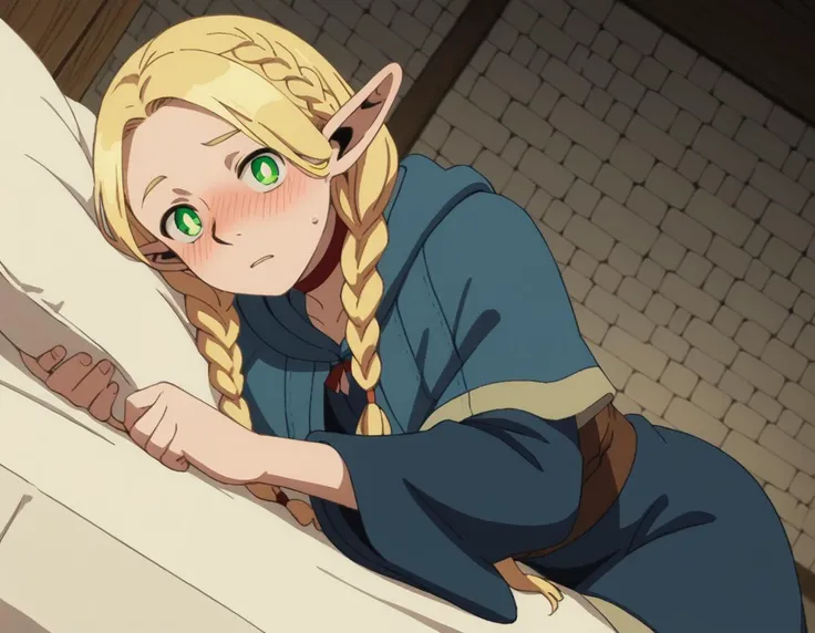 score_9, score_8_up, score_7_up, source_anime,
marcilledonato, <lora:marcille-donato-s1-ponyxl-lora-nochekaiser:1>,
marcille donato, long hair, blonde hair, green eyes, braid, pointy ears, twin braids, elf, bright pupils, parted bangs,
choker, robe, red choker,
indoors, bed, bed room, on side, blush, drunk,
looking at viewer, solo, cowboy shot, dutch angle,