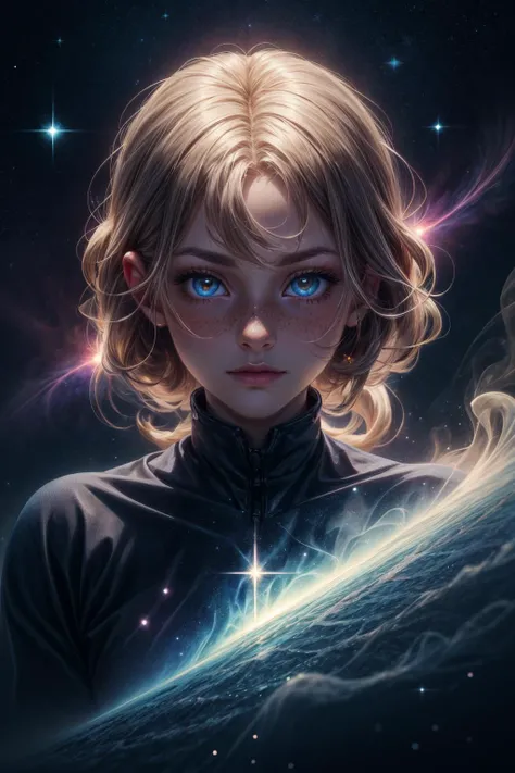 (extremely detailed:1.3), (masterpiece:1.3), illustration, Intricate illumination, Fine shadows,  sharp focus, ((best quality)), <lora:more_details:1>, <lora:sharpen-soften:-0.5>, <lora:realistic:0.5>,
1 girl, adult swedish woman, freckles, ruby eyes, brown dutch braid,
(style-swirlmagic:0.7), portrait, solo, half shot, looking at viewer, detailed background, detailed face, (<lora:smoke_model:0.4>, smokestyle theme:1.1) (glowing eyes:1.05), living star constellation, star sign, horoscope, at peace,  aquarius, esoteric  patterns, celestial power, nebula, bright colorful lights, cosmic light, aura, bloom, weightlessness,  cosmic dust, backlighting, cosmic space background, otherworldly ethereal atmosphere,