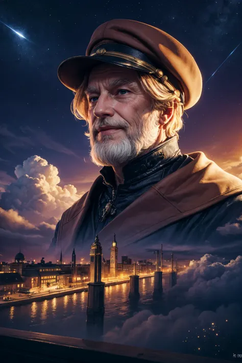 (masterpiece), (best quality:1.2), absurdres, intricate details, (highly detailed:1.2), <lora:add_detail_v5:1>
(1man, wrinkled face, old ancient greek male:1.2), frail, purple eyes, blonde hair, french crop,
(character focus:1.1), portrait, solo, half shot, detailed background, detailed face, (<lora:smoke_model:0.4>, smokestyle theme:1.1), aristocratic pose, smiling, ruling class, elegant clothing, elegant hat, looking over floating (cloud city:1.1), utopian cloudtop sky-city, floating platforms, floating buildings, tower, balcony, railing, bridges, propellers, clouds in background, birds in background, epic atmosphere, glowing dark brown lights, dark starry night,
