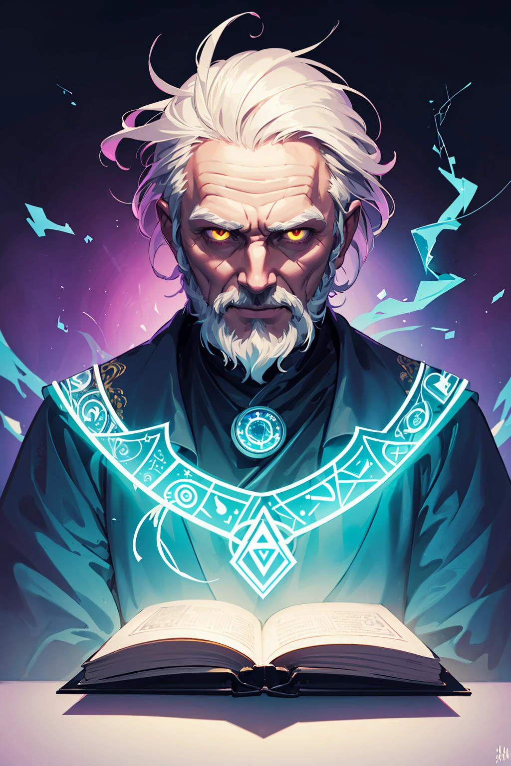 (best quality:1.4), (intricate details:1.2), hyperrealistic, digital artwork,
(1man, wrinkled face, old irish male:1.2), wise, pink eyes, white hair, long beard,
portrait, looking at viewer, solo, half shot, detailed background, detailed face, (<lora:smoke_model:0.4>, smokestyle theme:1.1) evil wizard, dark blue magical robes, sinister smirk, purple color scheme, dark green light, summoning circle, glowing magical runes, evil book, dark atmosphere, shadows, realistic lighting, floating particles, sparks, surrounded by yellow lightning <lora:LightningvfxCreateMore_v1:0.1>, green arcane symbols, corrupted by eldritch power,