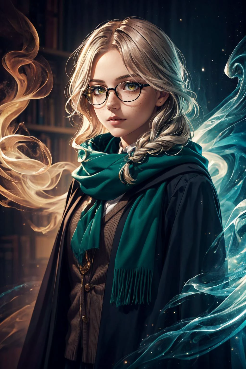 maximum details, cinematic, abstract art, dark theme, deep shadow, <lora:add_detail:0.5>, <lora:epi_noiseoffset2:0.5>,
1 girl, adult (elven:0.7) woman, freckles, yellow eyes, dark red fishtail braid,
(style-swirlmagic:1.0), looking away, solo, upper body, detailed background, detailed face, (<lora:smoke_model:0.4>, smokestyle theme:1.1), hogwarts student, adventurous, (slytherin uniform:1.1), scarf, glasses, cardigan, cape, casting spell, library in background, ethereal atmosphere, dawn,