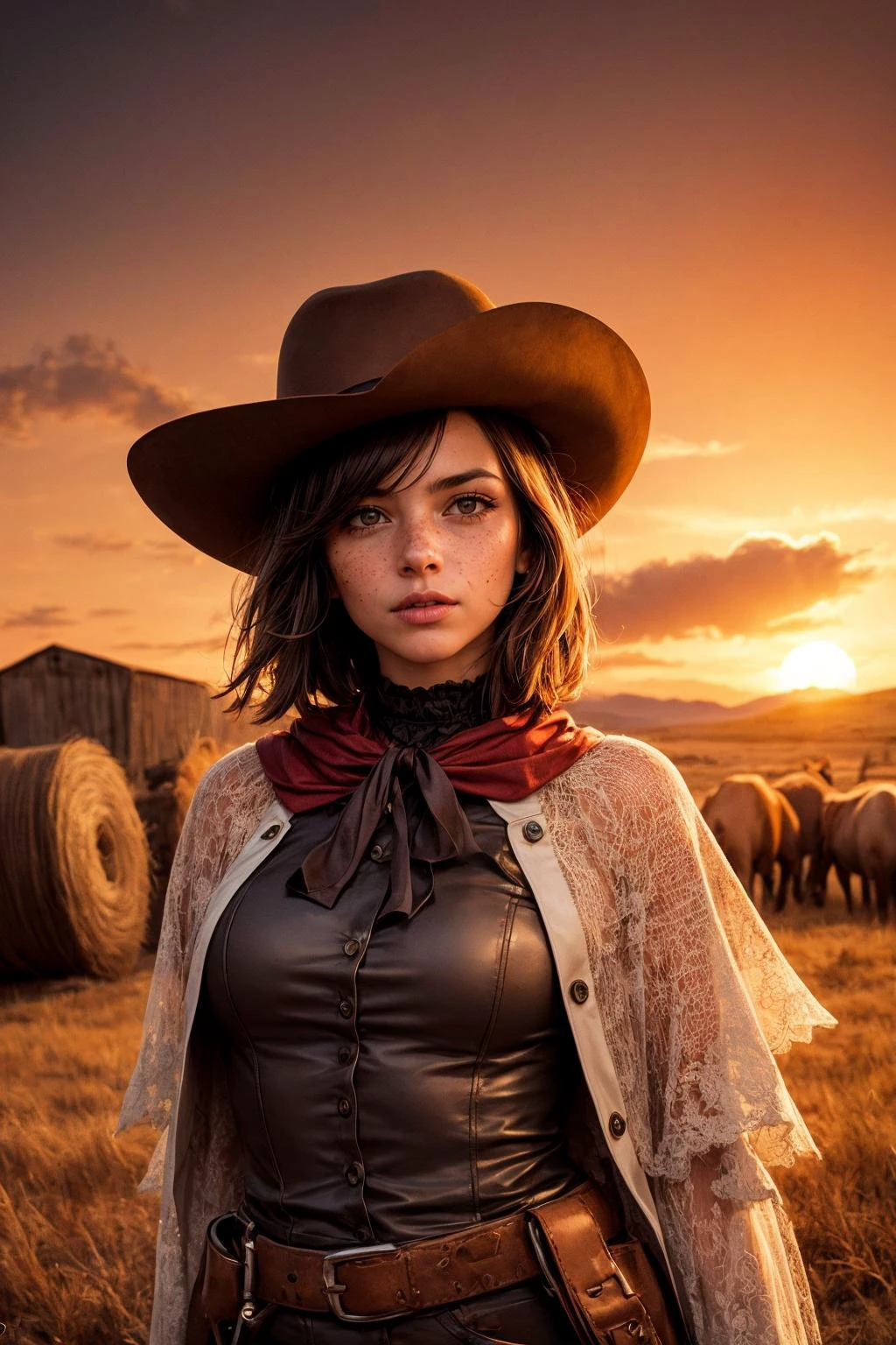 <lora:add_detail:1>
1 girl, adult (elven:0.7) woman, freckles, brown eyes, dark red razor cut hair,
portrait, (bloody scars:0.7), looking up, focus on character, solo, upper body, detailed face, (<lora:smoke_model:0.4>, smokestyle theme:1.1), outlaw, wide brimmed hat, tilted hat, holster, belt, (cape:0.8), dynamic movement, 18th century wild west, american frontier, wild west era ranch with hay in background, sunset, cinematic atmosphere,
<lora:FujiVelvia50:0.4>,