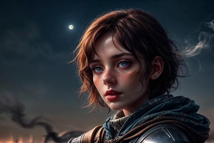vivid colors, striking visual design, <lora:add_detail:0.75>, <lora:sharpen-soften:-0.2>, <lora:stylesqueeze_v2:0.25>, <lora:realistic:0.25>, illustration, best quality, beautiful and aesthetic, , fine details, high resolution, , UHD, low-saturation, sharp focus, cinematic shadows, 1 girl, GS-Womanly adult (elven:0.7) woman, freckles, hazel eyes, medium brown pixie cut, BREAK Style-GravityMagic, solo, (full body:0.6), looking down, detailed background, detailed face, (<lora:smoke_model:0.4>, smokestyle theme:1.1), focus on eyes, supernatural eyes, brooding, witcher, adventurer, wearing dark blue chainmail witcher armor, rugged, visible scars, tattered cape belts, trinkets, witcher gear, griffin witcher pendant, fighting stance, witcher senses, ashes in background, moonlight, intense anticipation, wind blowing, bokeh, mystical atmosphere,