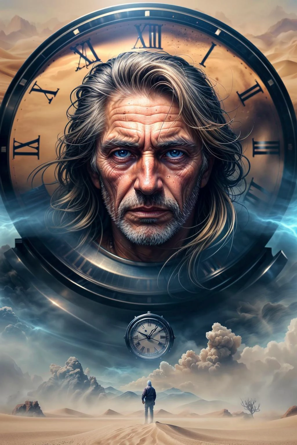 colorful chaos, striking visual design, <lora:add_detail:0.75>, <lora:sharpen-soften:-0.2>, <lora:stylesqueeze_v2:0.25>, <lora:realistic:0.25>,
(1man, wrinkled face, old british male:1.2), wise, brown eyes, graying hair, straight hair,
(style-swirlmagic:0.8), solo, upper body, looking down, detailed background, detailed face, (<lora:smoke_model:0.4>, smokestyle theme:1.1) (timeless wanderer:1.1), infinity, weightless, circular patterns, clock, clockwork, clock gears, energy, standing still, desert dunes in background, epic atmosphere,