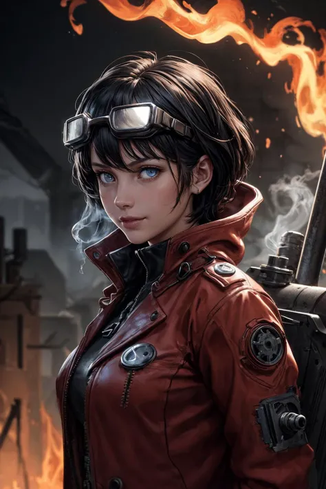 (best quality, masterpiece), <lora:tangbohu-detailer_1.0:0.8>
1 girl, adult french woman, grey-blue eyes, chestnut razor cut hair,
(style-rustmagic:0.8), (steampunk cyborg:0.8), portrait, looking down, solo, upper body, detailed background, (<lora:smoke_model:0.4>, smokestyle theme:1.1) smirk, dim lighting engineer, floating screws, red trenchcoat , techwear, goggles, dark brown canyon in background, gears, steam, industry, engineering, furnace, soot, anvil, levers, rivets, electricity, flames epic atmosphere,
